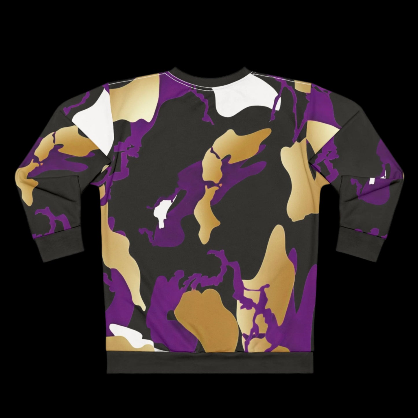 Sweatshirt with a black, gold, and purple camouflage pattern on a white background
