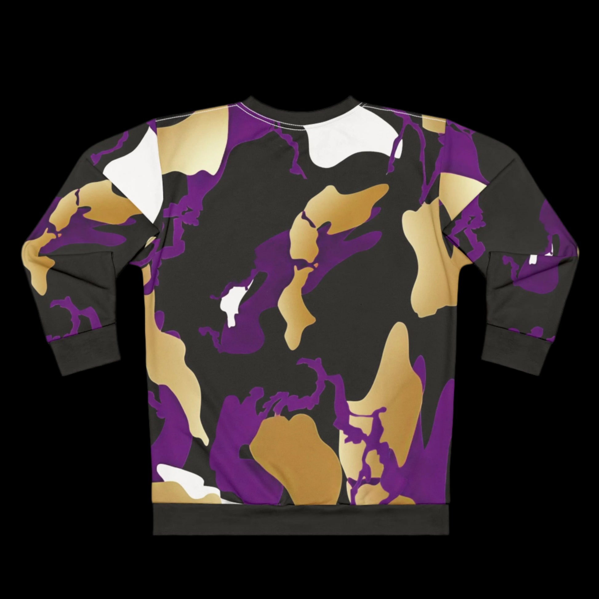 Sweatshirt with a black, gold, and purple camouflage pattern on a white background