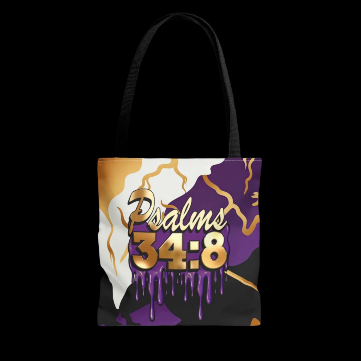 Tote bag with 'Psalms 34:8' design on a white background